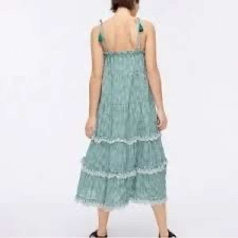 J.Crew Green Gingham Tiered Cotton Midi Dress Lace Trim Tassels Womens Large - Picture 9 of 9